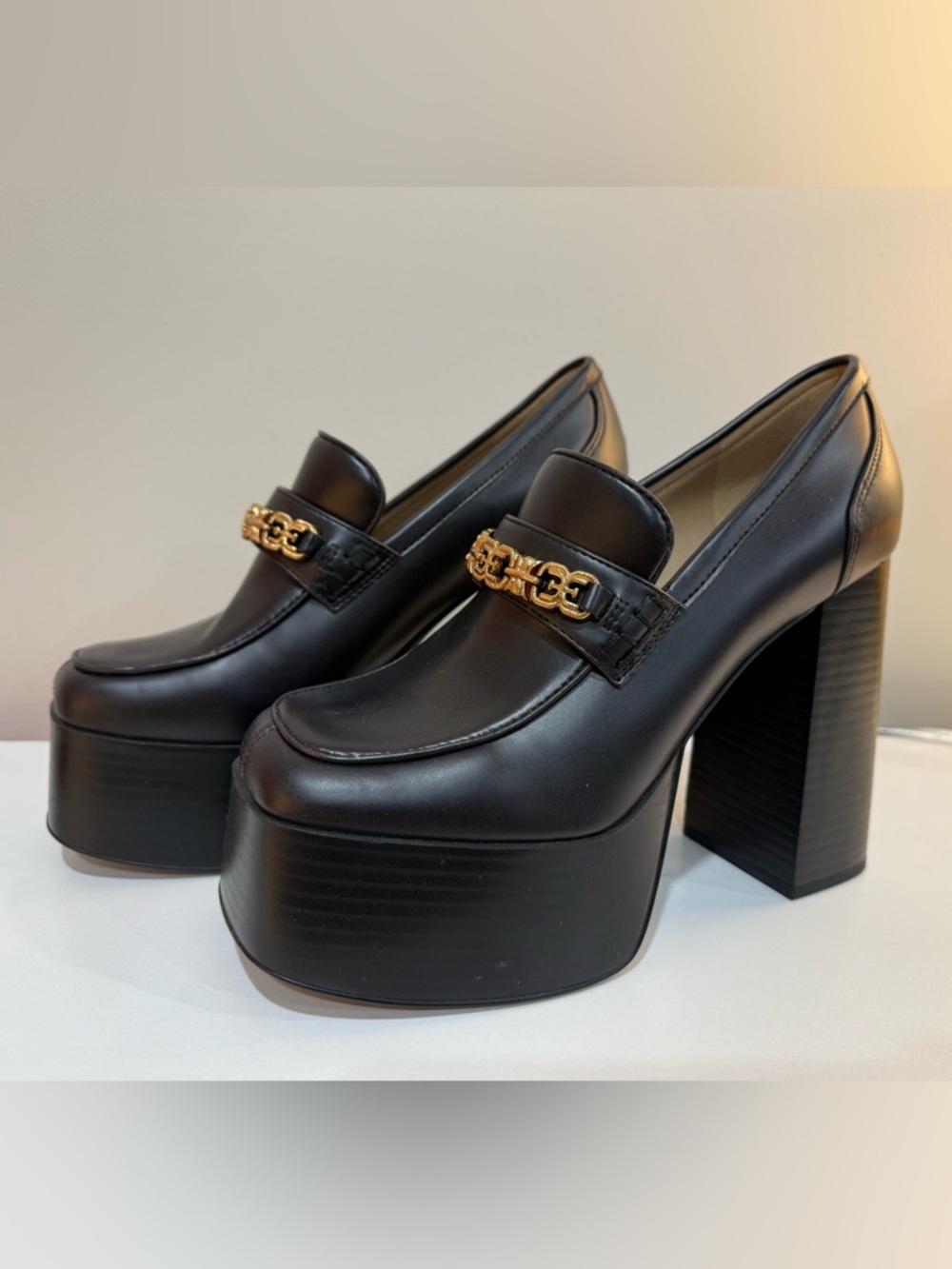Sam Edelman Black Leather Platform Loafer with Gold Chain Accent - Picture 6 of 10